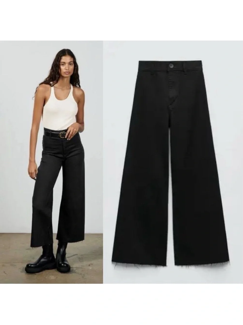 Zara Women's Marine Straight Leg Jeans High Waisted Raw Hem in Black 8